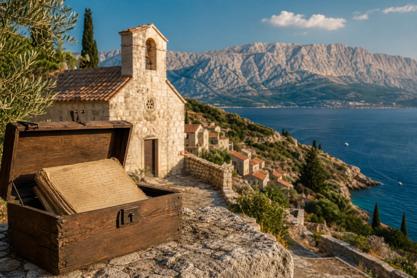 Eine alte Kiste mit Manuskript vor einer Kirche an der kroatischen Adriaküste